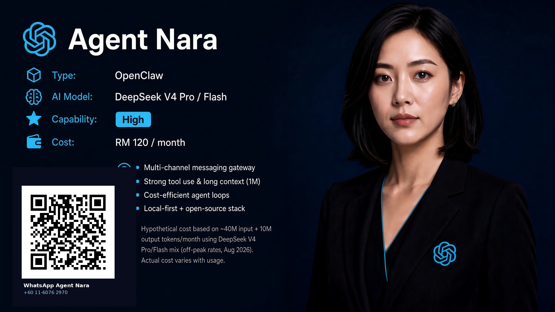 Agent Nara: OpenClaw runtime, DeepSeek V4 Pro and Flash, high capability, about RM 120 a month